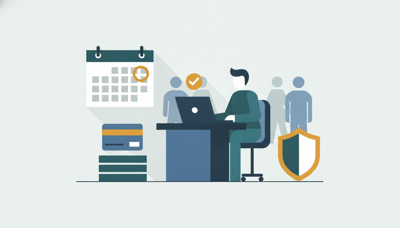 Illustration d'un employeur réglant ses cotisations sociales en ligne depuis un ordinateur, avec un calendrier mensuel